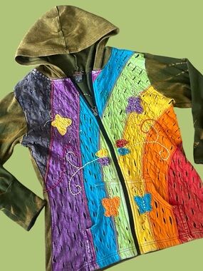Rising International" hoodie handmade bohemian-style patchwork jacket